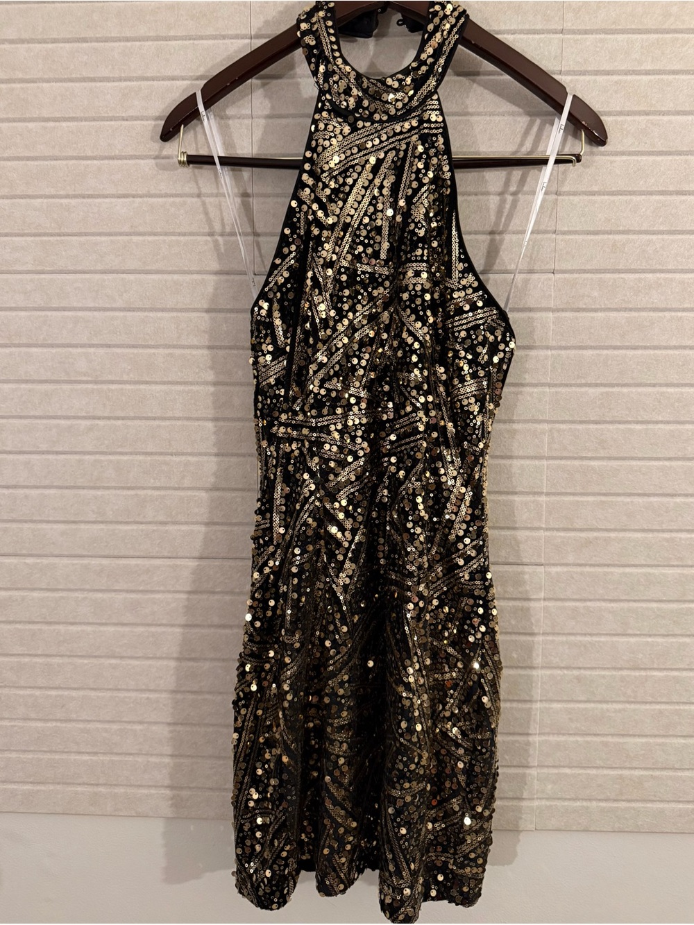 Lulus Black Gold Geometric Sequin Halter Bodycon Dress XS